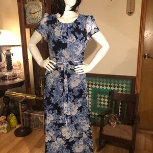 R&K Navy and Light Blue Floral Maxi Dress with Tie Waist